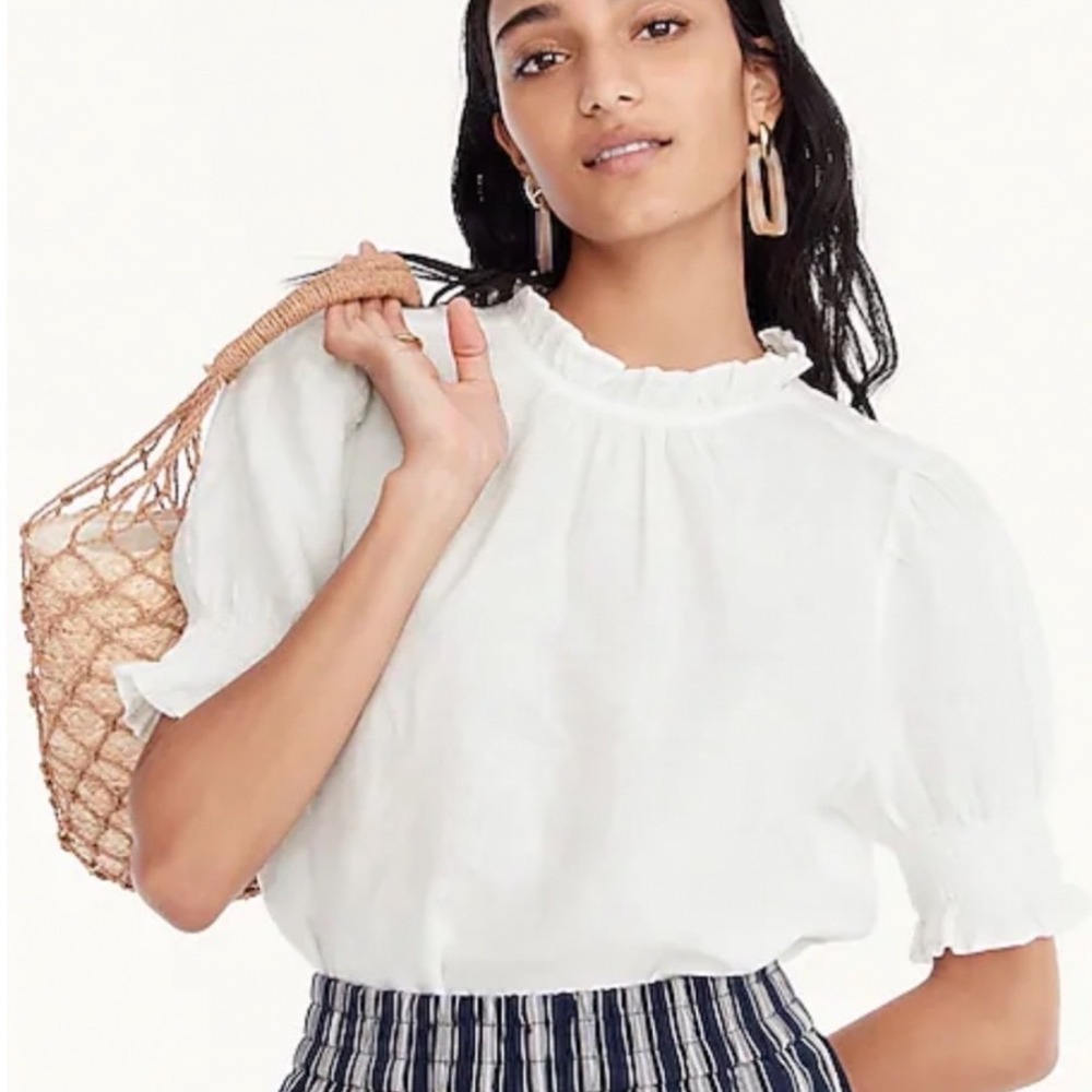 J CREW smocked linen puff sleeve top size small white